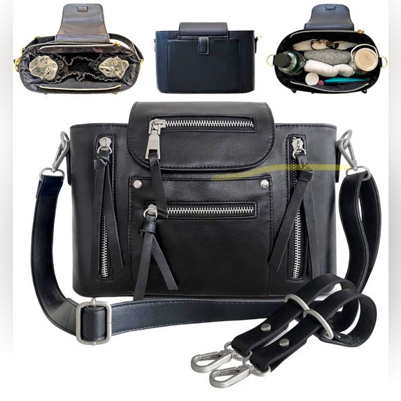 Black Leather Diaper Bag Crossbody Purse OR Stylish Stroller Organizer Caddy